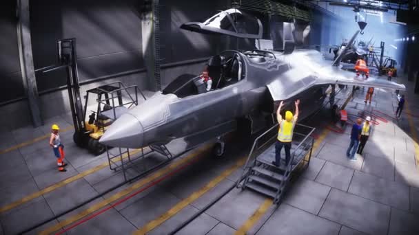 Produção Jato Caça Militar Fábrica Arma Fábrica Militar Animação Realista — Vídeo de Stock