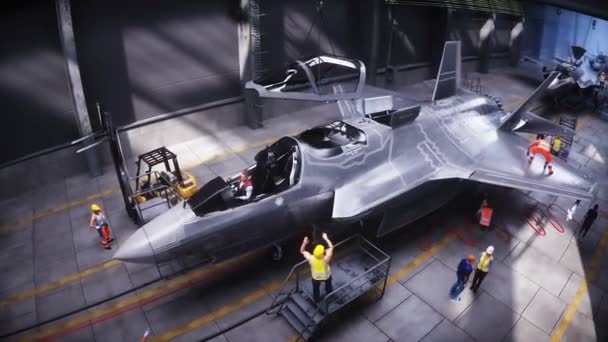 Producción Caza Militar Jet Fábrica Arma Fábrica Militar Animación Realista — Vídeos de Stock
