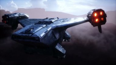 Uzaylı gezegeninde, Mars 'ta, gelecekten gelen uçan uzay gemisi. Gerçekçi 4k animasyonu