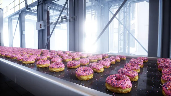 Donuts production line. Factory. Food concept 3d rendering