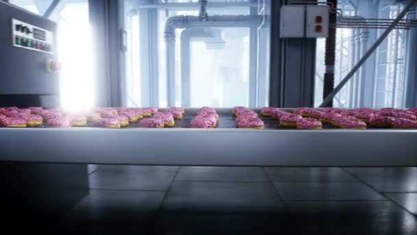 Производственная Линия Пончиков Фабрика Концепция Питания Реалистичная Анимация — стоковое видео