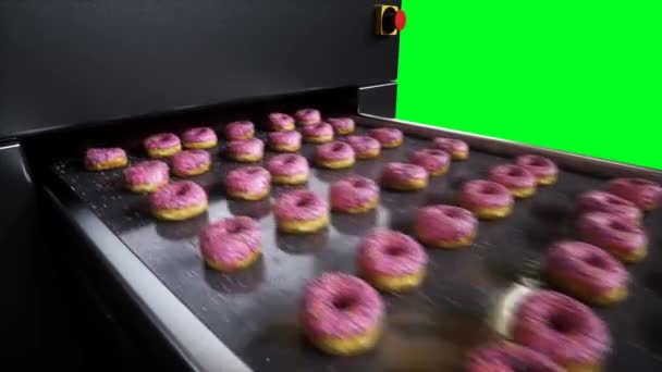 Производственная Линия Пончиков Фабрика Концепция Питания Анимации Зелёном Экране — стоковое видео