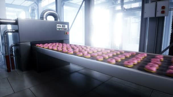 Linha Produção Donuts Fábrica Conceito Comida Animação Realista — Vídeo de Stock