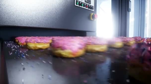 Donuts Produktionslinie Fabrik Food Konzept Realistische Animation — Stockvideo