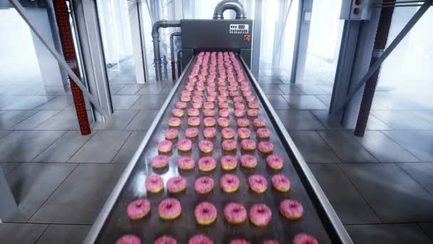 Donuts Productielijn Fabriek Voedselconcept Realistische Animatie — Stockvideo