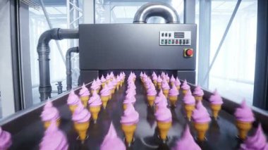 Dondurma üretim hattı. Fabrika. Gerçekçi 4k animasyonu