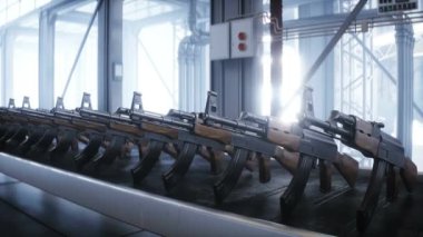 Rus makineli tüfek AK-47 üretim fabrikası. Savaş konsepti