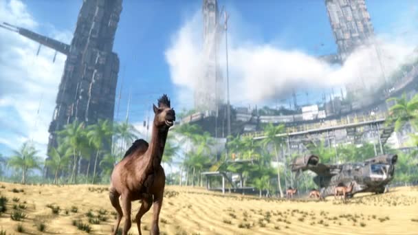 骆驼走在未来的沙漠 未来的概念 现实的4K动画 — 图库视频影像