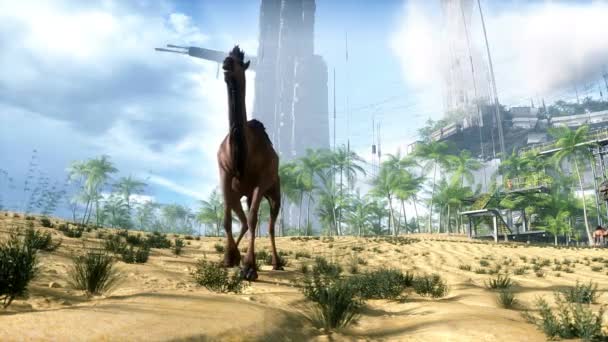 Καμήλα Περπάτημα Φουτουριστική Έρημο Πόλη Μελλοντική Ιδέα Ρεαλιστικό Animation — Αρχείο Βίντεο