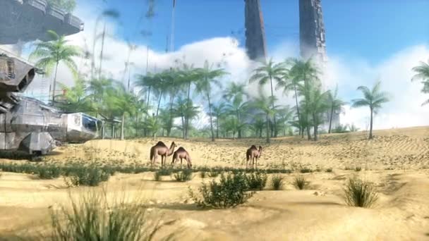 Camelo Caminhar Deserto Futurista Cidade Conceito Futuro Animação Realista — Vídeo de Stock