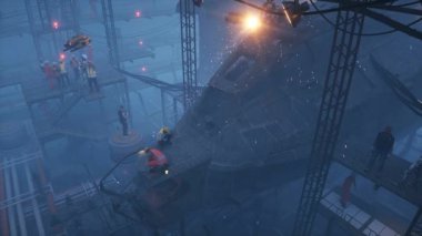 Fabrikada askeri fütüristik gemi üretimi. İnsanlar ve robotlar Gelecek konsepti. Gerçekçi 4k animasyonu