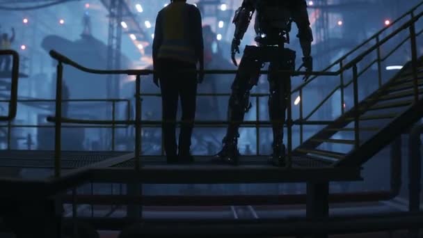Fabrikada Askeri Fütüristik Gemi Üretimi Nsanlar Robotlar Gelecek Konsepti Gerçekçi — Stok video