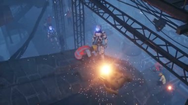 Fabrikada askeri fütüristik gemi üretimi. İnsanlar ve robotlar Gelecek konsepti. Gerçekçi 4k animasyonu