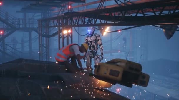 在工厂生产军用未来主义船只 人与机器人未来的概念 现实的4K动画 — 图库视频影像