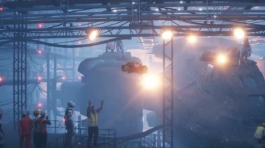 Fabrikada askeri fütüristik gemi üretimi. İnsanlar ve robotlar Gelecek konsepti. Gerçekçi 4k animasyonu