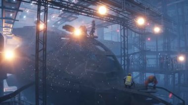 Fabrikada askeri fütüristik gemi üretimi. İnsanlar ve robotlar Gelecek konsepti. Gerçekçi 4k animasyonu