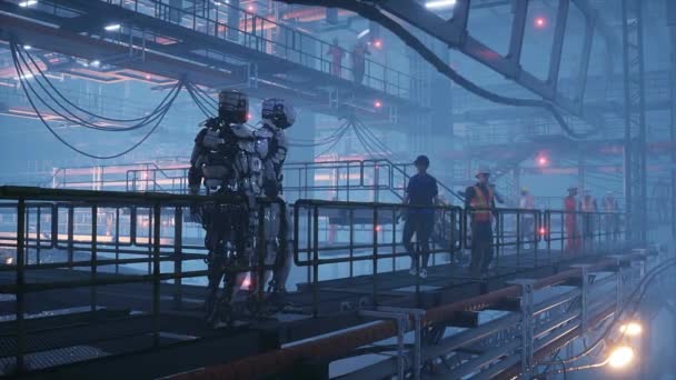 Producción Buques Futuristas Militares Fábrica Gente Robots Concepto Futuro Animación — Vídeo de stock
