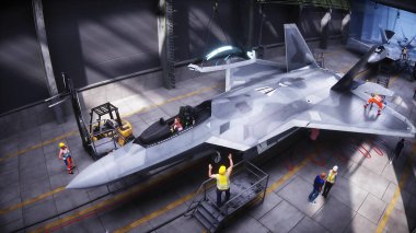Production of military fighter jet f 22 raptor at the factory. Military factory weapon. 3d rendering clipart