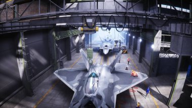 Production of military fighter jet f 22 raptor at the factory. Military factory weapon. 3d rendering clipart