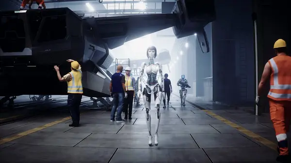 Robot Sétál Katonai Futurisztikus Hajó Gyártása Gyárban Jövőbeli Koncepció Renderelés Stock Kép