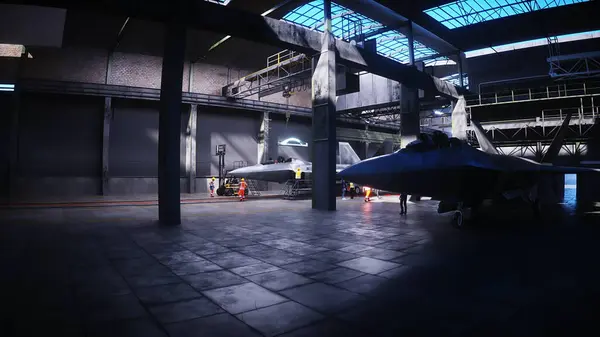 Katonai Vadászrepülő Raptor Gyártása Gyárban Katonai Gyári Fegyver Renderelés Jogdíjmentes Stock Képek