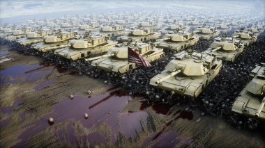 Amerikan askeri tankları Abrams ve kafatasları. Ukrayna için yardım. Savaş karşıtı konsept. 3d oluşturma