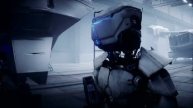 Robot yürüyüşü. Fabrikada askeri fütüristik gemi üretimi. Gelecek konsepti. Gerçekçi 4k animasyonu