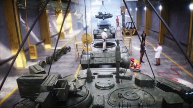 Fabrikada Rus savaş tankı T-90 'ın üretimi. Askeri fabrika silahı. Gerçekçi 4k animasyonu