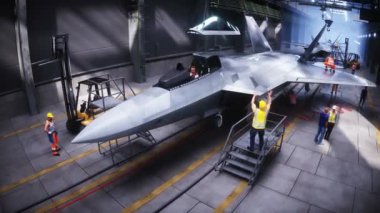 Fabrikada askeri jet F-22 Raptor üretimi. Askeri fabrika silahı. Gerçekçi 4k animasyonu