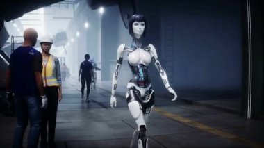 Robot yürüyüşü. Fabrikada askeri fütüristik gemi üretimi. Gelecek konsepti. Gerçekçi 4k animasyonu