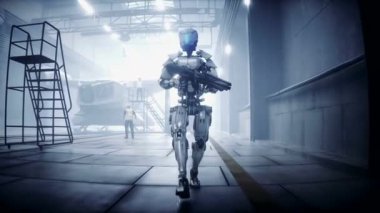 Robot yürüyüşü. Fabrikada askeri fütüristik gemi üretimi. Gelecek konsepti. Gerçekçi 4k animasyonu