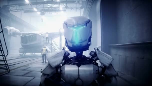 Robot Yürüyüşü Fabrikada Askeri Fütüristik Gemi Üretimi Gelecek Konsepti Gerçekçi — Stok video