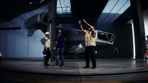 Fabrikada Askeri Fütüristik Gemi Üretimi Gelecek Konsepti Gerçekçi Animasyonu — Stok video