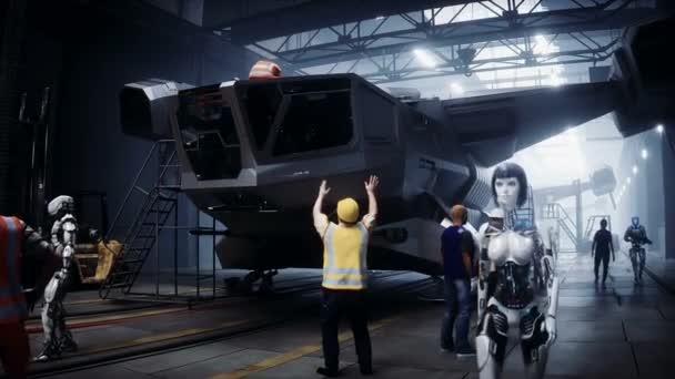 Katonai Futurisztikus Hajó Gyártása Gyárban Jövőbeli Koncepció Realisztikus Animáció — Stock videók