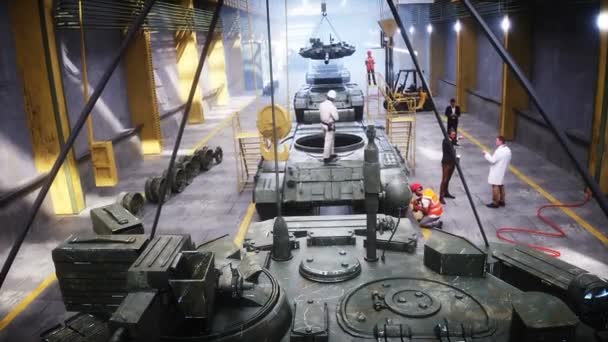 工場での軍用ロシア戦車T90の生産 軍事工場の武器 リアルな4Kアニメーション — ストック動画