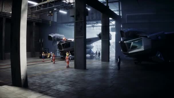 Produksi Kapal Futuristik Militer Pabrik Konsep Masa Depan Animasi Realistis — Stok Video