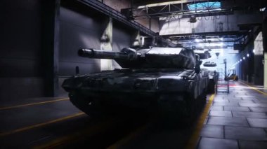 Alman savaş tankı leoparı fabrikada üretiliyor. Askeri fabrika silahı. Gerçekçi 4k animasyonu