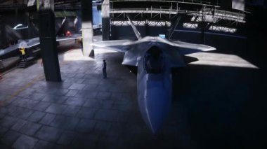 Fabrikada askeri jet F-22 Raptor üretimi. Askeri fabrika silahı. Gerçekçi 4k animasyonu