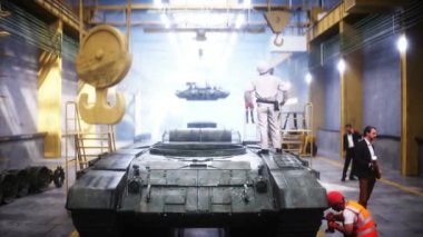 Fabrikada Rus savaş tankı T-90 'ın üretimi. Askeri fabrika silahı. Gerçekçi 4k animasyonu