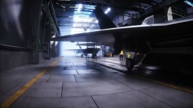 Fabrikada askeri jet F-22 Raptor üretimi. Askeri fabrika silahı. Gerçekçi 4k animasyonu