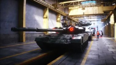 Fabrikada Rus savaş tankı T-90 'ın üretimi. Askeri fabrika silahı. Gerçekçi 4k animasyonu