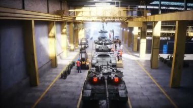 Fabrikada Rus savaş tankı T-90 'ın üretimi. Askeri fabrika silahı. Gerçekçi 4k animasyonu
