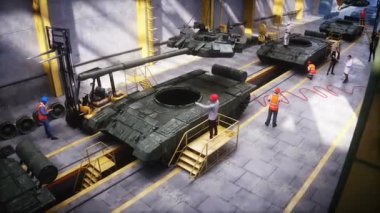 Fabrikada Rus savaş tankı T-90 'ın üretimi. Askeri fabrika silahı. Gerçekçi 4k animasyonu