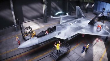 Fabrikada askeri jet F-22 Raptor üretimi. Askeri fabrika silahı. Gerçekçi 4k animasyonu