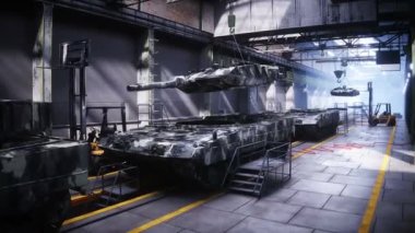Alman savaş tankı leoparı fabrikada üretiliyor. Askeri fabrika silahı. Gerçekçi 4k animasyonu