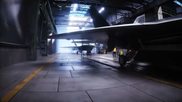 Fabrikada Askeri Jet Raptor Üretimi Askeri Fabrika Silahı Gerçekçi Animasyonu — Stok video