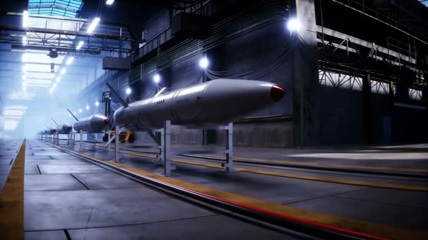 Fábrica Cohetes Tácticos Militares Línea Producción Concepto Guerra Animación Realista — Vídeo de stock