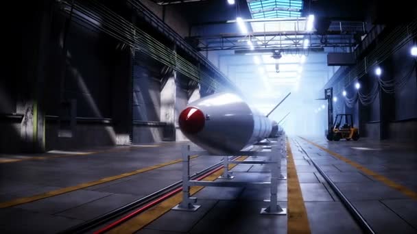 Fábrica Cohetes Tácticos Militares Línea Producción Concepto Guerra Animación Realista — Vídeos de Stock