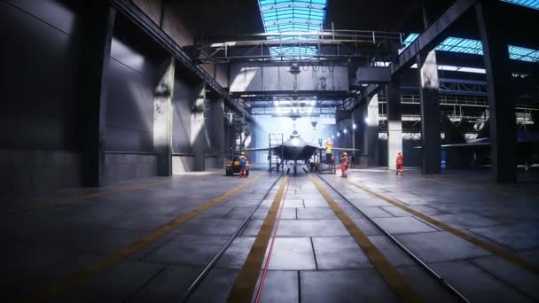 공장에서 전투기 랩터의 현실적인 애니메이션 — 비디오