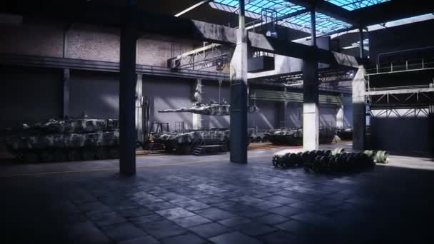 工場での軍用ドイツ戦車ヒョウの生産 軍事工場の武器 リアルな4Kアニメーション — ストック動画